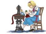  alice_margatroid apron blonde_hair blue_dress bow chair character_doll doll dress green_hair hair_over_eyes hairband holding_needle kagiyama_hina mabui needle no_eyes red_dress ribbon sewing sewing_machine shanghai_doll smile solo touhou 