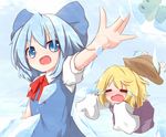  blonde_hair blue_dress blue_eyes blue_hair bow chibi cirno closed_eyes dress flying food frog frozen frozen_frog hair_bow kisa_(k_isa) long_sleeves moriya_suwako multiple_girls open_mouth outstretched_arms oversized_clothes shirt skirt skirt_set sleeves_past_wrists spread_arms tears touhou vest wavy_mouth wings 