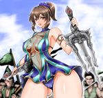  1girl alternate_costume ass_visible_through_thighs blue_sky blurry blurry_background breasts brown_eyes brown_hair cameltoe cloud cloudy_sky covered_nipples curvy day dual_wielding gold_trim hair_ornament hips holding large_breasts lips outdoors ponytail sai_(weapon) see-through shin_sangoku_musou sky solo_focus swimsuit tattoo wang_yi wide_hips 