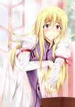  bathroom blonde_hair blush dress laundry_basket long_hair nanase_nanami red_eyes see-through solo tabard touhou undressing wet wet_clothes wet_dress white_dress yakumo_yukari 