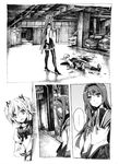  3girls akemi_homura blood car comic garage graphite_(medium) greyscale ground_vehicle hair_ribbon hairband high_heels kaname_madoka long_hair long_sleeves lying magical_girl mahou_shoujo_madoka_magica monochrome motor_vehicle multiple_girls nobita pantyhose parking_garage ribbon school_uniform shoes short_twintails silent_comic tomoe_mami traditional_media twintails 