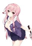  areola_slip areolae bad_id bad_pixiv_id blood blood_stain bow breasts cleavage gasai_yuno heart knife long_hair looking_at_viewer medium_breasts mirai_nikki no_bra open_clothes open_shirt pink_eyes pink_hair ponytail shirt sidelocks simple_background skirt soburi solo yandere 