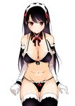  attsun_(atsushi_jb) bare_shoulders belly black_hair black_legwear black_panties bow bow_panties breasts cleavage detached_collar elbow_gloves front-tie_top gloves groin hair_ribbon large_breasts long_hair maid_headdress navel original panties red_eyes ribbon simple_background smile solo thigh_gap thighhighs underwear white_gloves 