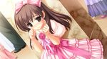  1girl blush brown_eyes brown_hair child dress game_cg hair_ribbon highres jewelry long_hair michiru_(midori_no_umi) midori_no_umi necklace out_of_frame pink_dress pink_ribbon ribbon saeki_hokuto solo_focus tears younger 