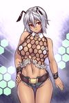  bare_shoulders bee_girl breasts collar denim denim_shorts fishnets highres honeycomb_(pattern) honeycomb_background houtengeki insect_girl large_breasts monster_girl navel original pasties pink_eyes revealing_clothes short_hair short_shorts shorts silver_hair solo thigh_gap 