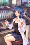  beaker blue_hair book breasts chair chemist chemistry cleavage flask glasses green_eyes labcoat long_hair medium_breasts miniskirt open_mouth original paper pencil_skirt pointer side_slit sitting skirt smile solo suoni_(deeperocean) test_tube 