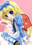  alice_(wonderland) alice_in_wonderland analog_clock aqua_dress arm_support backpack bag blonde_hair blue_eyes blush bow bunny clock dress frills hair_bow hairband long_hair natsuhime_yuran open_mouth pantyhose randoseru roman_numerals striped striped_legwear 