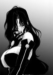  1girl bare_shoulders black_dress black_eyes black_gloves black_hair blush breasts cleavage cum cum_on_body cum_on_breasts cum_on_upper_body dbqp dress facial fullmetal_alchemist gloves hair_over_one_eye homunculus huge_breasts large_breasts licking long_hair lust monochrome naughty_face simple_background solo strapless_dress tongue tongue_out wavy_hair 
