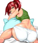  absurdres ass back breasts butt_crack cameltoe green_eyes highres huge_ass looking_back medium_breasts original panties pillow pleasure-treasure red_hair short_twintails sideboob simple_background solo trefoil twintails underwear underwear_only white_panties 