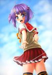  bad_id bad_pixiv_id blue_eyes day hair_bobbles hair_ornament highres kneehighs miniskirt original purple_hair school_uniform skirt sky solo thighhighs twintails usanekorin 