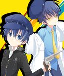  bad_id bad_pixiv_id blue_eyes blue_hair cabbie_hat dark_persona dual_persona gun handgun hat houndstooth kaname_ihnk labcoat multiple_girls necktie persona persona_4 reverse_trap revolver school_uniform shirogane_naoto short_hair sleeves_past_wrists weapon yasogami_school_uniform yellow_eyes 