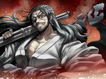  black_hair drifters eyepatch facial_hair grin gun highres long_hair male_focus oda_nobunaga_(drifters) rifle smile solo stubble tsuki_wani upper_body weapon 