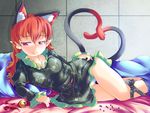  alternate_hairstyle animal_ears bell blush cat_ears cat_tail dress extra_ears hair_down heart heart_tail jingle_bell kaenbyou_rin konata_gazel lying multiple_tails nekomata on_side panties pillow pointy_ears red_eyes red_hair smile solo tail touhou underwear white_panties 