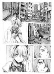  casual city close-up comic dress graphite_(medium) greyscale hair_ribbon kaname_madoka leggings lying mahou_shoujo_madoka_magica miki_sayaka monochrome multiple_girls nobita ribbon school_uniform short_hair short_twintails skirt traditional_media translated twintails waking_up 