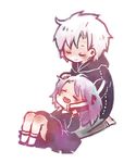  1girl :d ^_^ bad_id bad_pixiv_id chibi child closed_eyes dress fate/zero fate_(series) hair_ribbon hand_on_head hood hoodie kneeling kurosuke_(hipparu) lying matou_kariya matou_sakura on_person open_mouth purple_hair ribbon sitting smile socks uncle_and_niece younger 