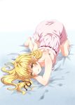  :3 all_fours bakemonogatari bare_legs bare_shoulders barefoot blonde_hair dress fang kouji_(campus_life) looking_at_viewer monogatari_(series) oshino_shinobu pointy_ears solo yellow_eyes 