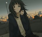  bad_id bad_pixiv_id black_eyes black_hair cloud dutch_angle hair_tousle hanno lamppost messy_hair original power_lines sky solo twilight 