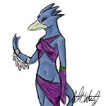  avian beak blue blue_body breasts clothed clothing duck eccentric_birdie female gem golduck midriff navel nintendo plain_background pok&#233;mon pok&eacute;mon red_eyes skimpy small_breasts solo tail video_games white_background 