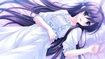  bed black_hair brown_eyes dress game_cg long_hair michiru_(midori_no_umi) midori_no_umi yukie 