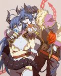  1girl asmodeus_(shinrabanshou) beelzebub_(shinrabanshou) black_sclera blue_hair breasts brother_and_sister chain cleavage demon_boy demon_girl demon_tail fingerless_gloves gloves hand_in_pocket horns kiseru large_breasts long_hair pale_skin pipe pointy_ears shinrabanshou short_hair siblings tail yellow_eyes yuza 