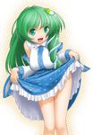  bare_shoulders blush breasts detached_sleeves frog green_eyes green_hair hair_ornament hair_tubes highres kochiya_sanae large_breasts long_hair open_mouth skirt skirt_lift smile snake solo t2r touhou 
