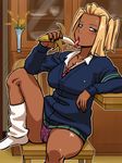  banana blonde_hair blue_eyes blush dark_skin food fruit gyaru habatakuhituji kogal licking open_mouth original panties pantyshot school_uniform sexually_suggestive side_ponytail skirt socks solo tachibana_riimei tongue underwear upskirt 