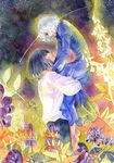  1girl black_hair blue_dress carrying chernotrav dress flower howl_(howl_no_ugoku_shiro) howl_no_ugoku_shiro shirt sophie_(howl_no_ugoku_shiro) traditional_media white_hair white_shirt 