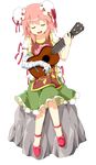  bandages bun_cover chinese_clothes closed_eyes crossed_legs cuffs double_bun flower full_body ibaraki_kasen instrument open_mouth pink_flower pink_hair pink_rose rock rose ruu_(tksymkw) shoes short_hair sitting skirt smile solo tabard touhou transparent_background ukulele 