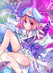  bare_legs breasts bug butterfly fan folding_fan ghost hat highres insect japanese_clothes legs medium_breasts nagii_yuki obi pink_eyes pink_hair saigyouji_yuyuko sash short_hair sitting smile solo touhou triangular_headpiece 