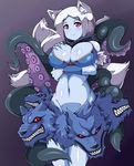  animal_ears bad_id bad_pixiv_id blue_skin breast_grab breasts cleavage deep_skin fox_ears fox_tail grabbing large_breasts moisture_(chichi) monster_girl multiple_tails red_eyes scyllei shinrabanshou smile solo tail tentacles white_hair 