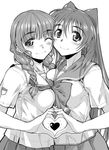  asymmetrical_docking blush bow braid breast_press breasts cheek-to-cheek crossover greyscale heart heart_hands heart_hands_duo kibina_high_school_uniform kimi_kiss kousaka_tamaki long_hair medium_breasts mizusawa_mao monochrome multiple_girls one_eye_closed school_uniform simple_background smile to_heart_2 twin_braids twintails yamaguchi_homupe 