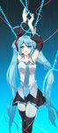  aqua_eyes aqua_hair arms_up bad_id bad_pixiv_id chain detached_sleeves hatsune_miku headset highres kako11 long_hair necktie open_mouth restrained skirt solo thighhighs twintails very_long_hair vocaloid 