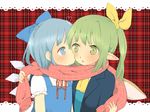  ascot bad_id bad_pixiv_id blue_eyes blue_hair blush bow cirno daiyousei green_eyes green_hair hair_bow heart kiss multiple_girls nazochoco plaid plaid_background plaid_scarf pointy_ears red_scarf ribbon scarf shared_scarf sharing short_hair side_ponytail touhou upper_body wings yuri 