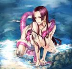  all_fours animal bad_id bad_pixiv_id between_breasts black_eyes black_hair boa_hancock breasts dirty earrings furayu_(flayu) hanging_breasts jewelry large_breasts lips long_hair nipples nude one_piece salome_(one_piece) snake snake_bondage water 