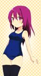  bad_id bad_pixiv_id dta209 highres long_hair one-piece_swimsuit original purple_eyes purple_hair school_swimsuit solo swimsuit thighhighs 