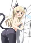  anger_vein angry animal_ears ass bad_id bad_pixiv_id black_legwear blonde_hair blush cat_ears cat_tail covering fang fudama long_hair no_eyewear panties panties_under_pantyhose pantyhose perrine_h_clostermann solo strike_witches tail topless underwear world_witches_series yellow_eyes 