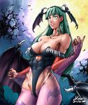  abs animal_print bare_shoulders bat bat_print bat_wings breasts bridal_gauntlets cleavage green_eyes green_hair head_wings large_breasts leotard long_hair moon morrigan_aensland pantyhose print_legwear solo tearing_clothes teketeke_(tekenotteke) torn_clothes torn_legwear vampire_(game) wings 