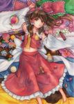  arm_up armpits bad_id bad_pixiv_id ball barefoot bow brown_eyes brown_hair denden_daiko detached_sleeves hair_bow hair_tubes hakurei_reimu kendama long_hair lying midriff mouth_hold navel ne-on on_back paper_balloon rattle_drum ribbon shirt skirt skirt_set solo touhou toy traditional_media water watercolor_(medium) 