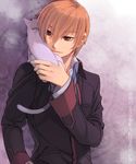  animal animal_on_shoulder arm_at_side bad_id bad_pixiv_id black_jacket blazer blue_neckwear brown_hair cat cat_on_shoulder closed_mouth collarbone jacket lennon little_busters! lizzydom long_sleeves looking_away looking_to_the_side male_focus natsume_kyousuke petting red_eyes school_uniform shirt smile solo upper_body white_shirt 