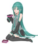  boots detached_sleeves green_eyes green_hair hair_down hatsune_miku long_hair necktie simple_background sitting skirt sleeves_past_wrists smile solo thigh_boots thighhighs very_long_hair vocaloid willgoon 