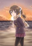  bad_id bad_pixiv_id bangs brown_eyes brown_hair cloud cowboy_shot from_side hair_between_eyes highres horizon long_hair long_sleeves looking_at_viewer looking_to_the_side ocean open_mouth original outdoors pantyhose plaid plaid_scarf ponytail scarf solo sun sunrise tsukino_neru water 