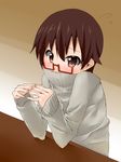  brown_eyes brown_hair covered_mouth glasses high_collar highres k-on! manabe_nodoka nodoka_glasses nurie red-framed_eyewear semi-rimless_eyewear short_hair solo sweater under-rim_eyewear 