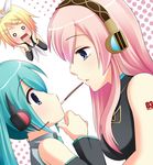  aqua_hair blonde_hair blush detached_sleeves food hair_ornament hairclip hatsune_miku headset highres kagamine_rin long_hair mashiro_yuki megurine_luka multiple_girls open_mouth pink_hair pocky pocky_kiss shared_food vocaloid yuri 