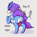  2018 animal_genitalia animal_penis anus balls butt canine canine_penis digital_media_(artwork) erection feral fur hair knot legendary_pok&eacute;mon looking_at_viewer male mammal nintendo nude nulloffset open_mouth penis pok&eacute;mon pok&eacute;mon_(species) precum presenting presenting_hindquarters purple_hair red_eyes saliva simple_background solo suicune tongue tongue_out video_games white_fur 