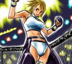  arena bare_shoulders blonde_hair chaps copyright_request crop_top fighting_stance halter_top halterneck mixed_martial_arts nonjake panties ponytail short_hair solo sports_bra underwear 