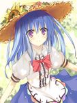  blue_hair bow deanoia flower hat hinanawi_tenshi long_hair looking_at_viewer purple_eyes smile solo straw_hat sunflower touhou 