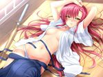  arms_up artist_request blush from_above hakama hayate_no_gotoku! japanese_clothes katsura_hinagiku long_hair lying navel on_back open_clothes open_shirt panties pink_hair shinai shirt solo sword underwear weapon white_panties yellow_eyes 