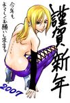  2007 back bangs blonde_hair breasts butt_crack elbow_gloves face gloves green_eyes high_heels lips medium_breasts nina_williams nonjake ponytail shoes sideboob solo squatting tekken topless translation_request 