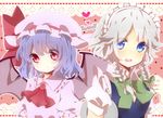  ascot bad_id bad_pixiv_id bat bat_wings blue_dress blue_hair blush braid dress hair_ribbon hat hat_ribbon heart izayoi_sakuya maid maid_headdress multiple_girls open_mouth pink_dress red_eyes remilia_scarlet ribbon saibi short_hair silver_hair smile touhou twin_braids wings 