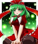  arm_support black_legwear blush bow breasts dress frills front_ponytail green_eyes green_hair hair_ribbon highres kagiyama_hina kamelie kneeling long_hair looking_at_viewer medium_breasts open_mouth red_dress ribbon smile solo squatting thighhighs touhou v_arms 